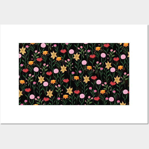 Colorful Wildflower Watercolor Black Design Wall Art by NdesignTrend